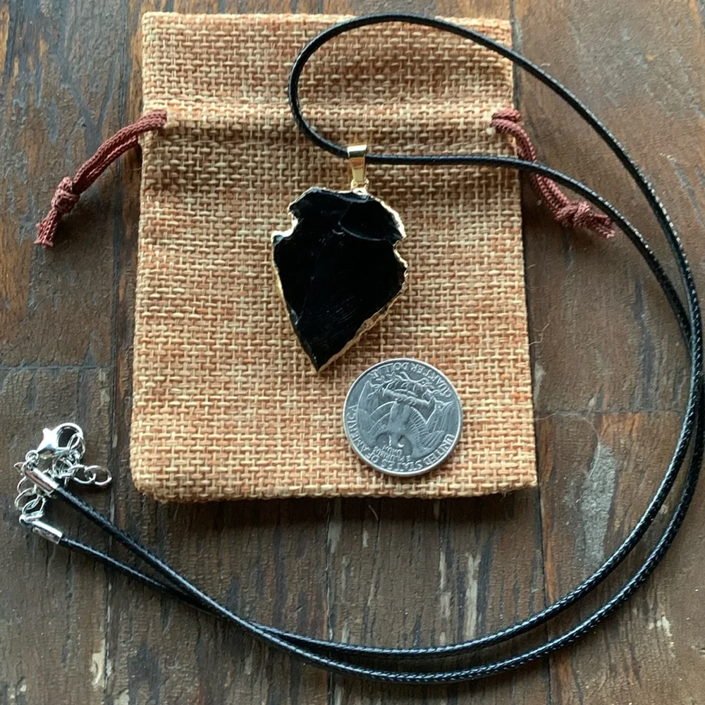 Brand New Black Obsidian Pendant with Gold plated Chain Black Obsidian Necklace